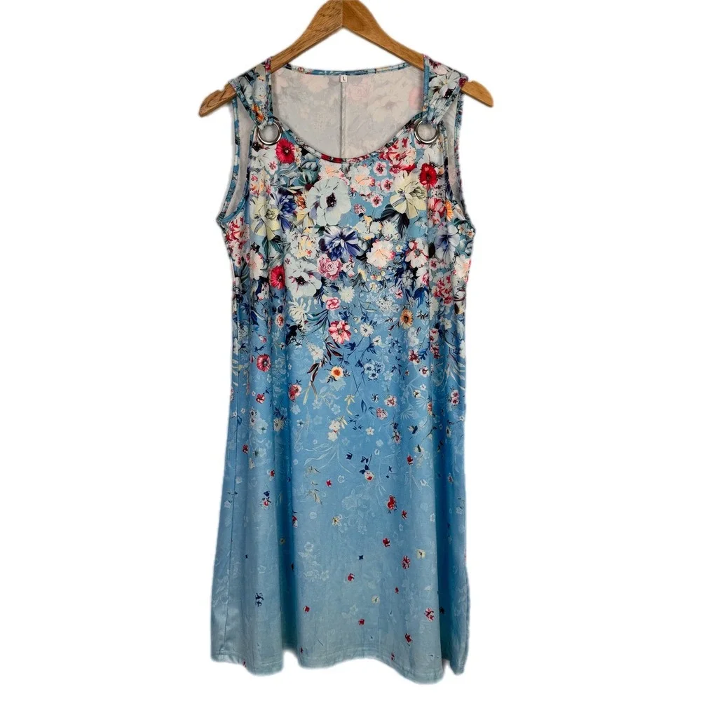 Floral Sleeveless Shift Dress Women L Blue Grommet Strap Casual Summer Mini - Picture 2 of 8
